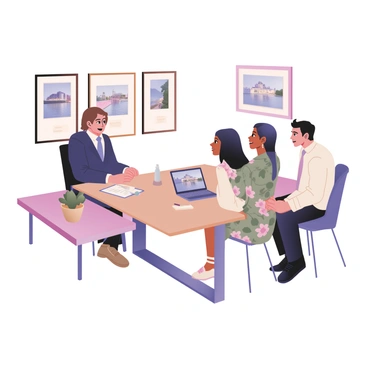 A couple sitting at a sleek table in a modern office, discussing their wedding plans with a wedding planner. The man has light skin and short brown hair, wearing a navy blue suit with a light blue shirt and a matching tie. The woman has medium skin and long dark hair, wearing a floral dress with pastel colors. The wedding planner, a woman with medium skin and short curly hair, is seated across from them, wearing a professional outfit with a notepad and pen in front of her. On the wall behind them, there are framed images of various wedding venues. A laptop is open on the table, displaying pictures of beautiful locations. A small potted plant adds a touch of greenery to the setting.