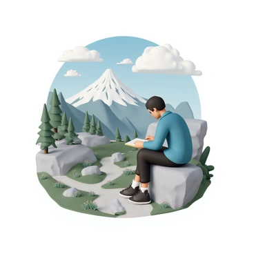 A player, wearing a blue hiking jacket, black cargo pants, and sturdy hiking boots, is focused on drawing in a sketchbook. The scene around them features a rugged mountain trail, with steep slopes and rocky outcrops. In the background, a majestic mountain peak rises, covered in snow, while patches of green trees line the trail. The sky is clear with a few fluffy clouds, creating a bright atmosphere. The player is seated on a large rock, surrounded by wildflowers and small shrubs, as they capture the beauty of the landscape on paper.