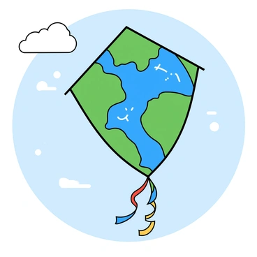 A colorful kite shaped like "Earth" is soaring high in the sky. The kite features vibrant blue oceans and green continents, with white cloud patterns scattered across its surface. There are several bright, multi-colored tails trailing from the bottom of the kite, fluttering in the gentle breeze. The sky above is clear with a few small, fluffy white clouds dotting the horizon. The sun is shining brightly, illuminating the kite and casting soft shadows on the ground below.