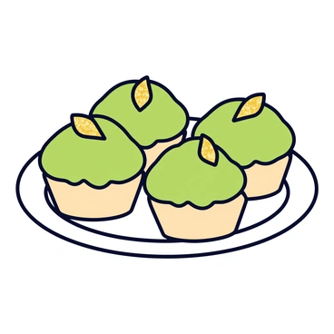 A plate of cupcakes frosted with green tea icing and adorned with edible gold leaf.