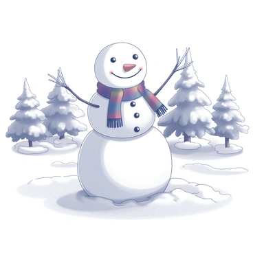 A snowman stands proudly in a snowy yard. It has a rounded body made of snow and features a "carrot nose" prominently placed in the center of its face. The snowman is adorned with a colorful "scarf" wrapped around its neck, adding a festive touch. Surrounding the snowman, the ground is covered with a thick layer of "snow," creating a wintry scene. In the background, there are snow-covered trees adding to the picturesque atmosphere of the yard.