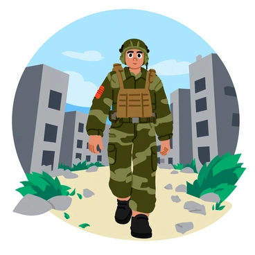 A soldier dressed in rugged camouflage gear is walking through a desolate, post-apocalyptic cityscape. The soldier is equipped with a tactical backpack and a weathered helmet. Crumbling buildings with broken windows and exposed concrete surround the area. In the foreground, scattered debris and overgrown plants hint at nature reclaiming the urban environment. The sky above is overcast with dark clouds, casting a gloomy atmosphere over the scene. The soldier's determined expression reflects resilience in the face of adversity.