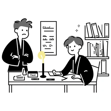 A dramatic scene depicting Faust in his study, contemplating a deal with Mephistopheles.