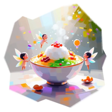 A whimsical scene depicting a magical bowl of cendol, overflowing with vibrant green noodles, sweet coconut milk, and colorful toppings such as red beans and shaved ice. The bowl emits a soft, shimmering glow, indicating its wish-granting power. Surrounding the bowl, small, delicate fairies with iridescent wings flutter in excitement, their expressions filled with wonder. In the background, a lush forest with twinkling lights and fantastical creatures peeks through the foliage, enhancing the enchanting atmosphere of the fairy tale setting. The sky is painted in soft pastels, creating a dreamlike ambiance.