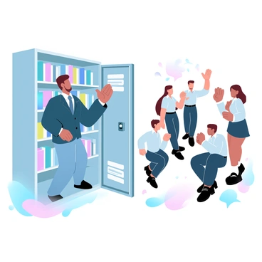 Ayanokoji is standing inside a school locker, arranging a collection of books on the shelves. He is wearing a school uniform, consisting of a blazer and trousers. The locker has shelves filled with textbooks and notebooks in various colors. Nearby, a group of students is chatting, some leaning against the lockers while others are standing. They are dressed in school uniforms and are engaged in lively conversation, with animated gestures. The environment is bright and filled with pastel-colored lockers and school supplies scattered around.