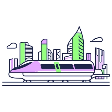 A high-speed maglev train is gliding smoothly above the tracks. The train is sleek and aerodynamic, with a shiny exterior that reflects the surroundings. In the background, there is a modern city skyline filled with tall buildings featuring glass facades and unique architectural designs. Some buildings have intricate patterns and curves, while others stand straight and imposing. The sky above the city is clear, providing a bright atmosphere as the train moves swiftly through the scene.