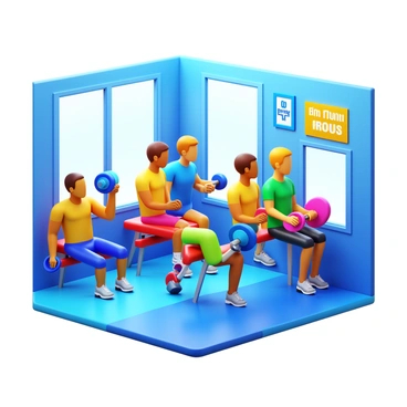A bright and colorful gym interior with various equipment visible. There are several people performing dumbbell row exercises, showcasing a range of body types and fitness levels. Some individuals are using different colored dumbbells, while others are positioned on benches. Large windows let in natural light, illuminating the space and highlighting motivational posters on the walls. The flooring features a vibrant design, adding to the energetic atmosphere of the gym.