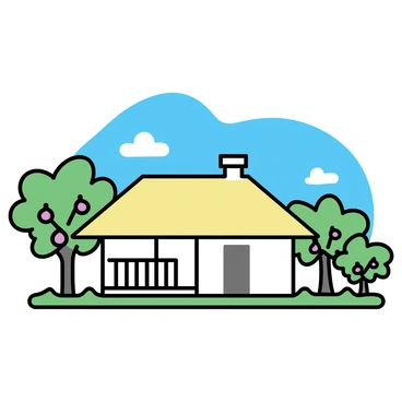 A quaint country house with a thatched roof and white walls stands in the center of the image. The house has a small porch with a wooden railing. Surrounding the house, several fig trees are depicted, with green leaves and ripe figs visible among the branches. The sky is clear and blue, indicating a sunny day, with a few fluffy white clouds scattered about. A well-maintained green lawn stretches in front of the house, enhancing the idyllic setting.