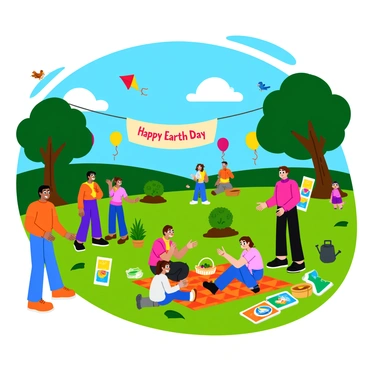 Families gathered in a sunny park to celebrate "Earth Day." Children are playing with colorful kites flying high in the blue sky, while some are planting small trees and flowers in designated sections of the park. A family is having a picnic on a bright checkered blanket, surrounded by baskets filled with fruits and snacks. In the background, a group of parents is organizing an educational workshop about recycling with colorful posters displayed nearby. There are vibrant balloons tied to trees, and a large banner reading "Happy Earth Day" hangs between two trees. Various animals, like squirrels and birds, are seen in the background, adding life to the scene.