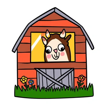 A friendly llama with a light brown and white coat is poking its head out of a rustic barn window. The barn is made of weathered wooden planks, with a red paint that is peeling in places. The llama has large, expressive eyes and a gentle smile, showing its friendly nature. Green grass is visible in the foreground, and a few wildflowers are scattered nearby. Sunlight is filtering through the barn window, illuminating the llama's fur and creating a warm atmosphere.