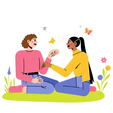 Two friends are sitting on a grassy patch, smiling and enjoying each other's company. One friend, with curly brown hair, is holding a colorful handmade friendship bracelet made of vibrant threads. The other friend, with straight black hair tied in a ponytail, is reaching out to receive the bracelet with excitement. The sunlight casts a warm glow on them, highlighting their happiness. In the background, there are flowers and butterflies fluttering around, enhancing the cheerful atmosphere of the moment.