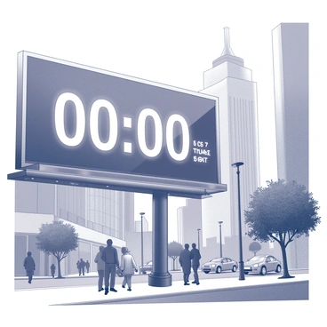A large electronic billboard prominently displays a digital countdown timer. The timer is bold and clear, showing numbers that are easy to read from a distance. The surrounding environment is filled with the hustle and bustle of city life, including pedestrians walking on the sidewalk, cars navigating the busy streets, and tall buildings framing the scene. Streetlights cast soft light on the surroundings, and a few trees are visible, adding a touch of nature to the urban landscape. The atmosphere conveys a sense of urgency as people glance at the timer while going about their activities.