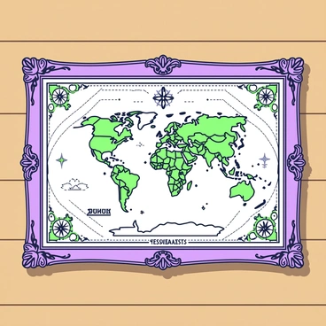 A framed antique world map is displayed prominently on a wooden wall. The map features a detailed depiction of continents and oceans, showcasing intricate patterns and borders that enhance its historical significance. The frame is adorned with ornate carvings, emphasizing the antique nature of the piece. Surrounding the map, there are small decorative elements such as compass roses and celestial motifs, adding to its overall richness. The colors of the map itself are muted, creating a sense of age and authenticity.