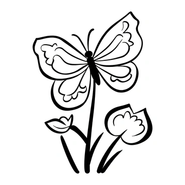 A butterfly with wings formed from elegant, sweeping curves is perched delicately on a slender branch. Each wing features intricate patterns that flow gracefully, creating a harmonious design across its surface. The background consists of softly outlined flowers and leaves, providing a natural habitat for the butterfly. The scene captures a sense of tranquility and balance in its composition.