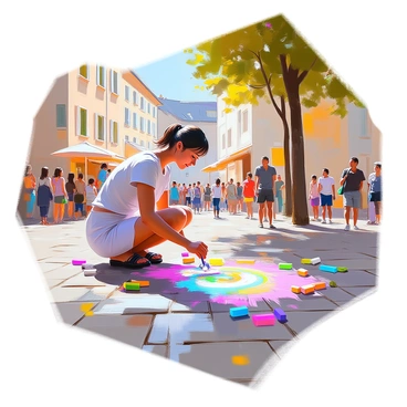 A street performer with dark hair tied back is creating vibrant chalk art on the cobblestone surface of Annecy's town square. The artist is kneeling, focused intently on their work, surrounded by a burst of colorful chalk pieces scattered around. In the background, historic buildings with charming architecture frame the square, while a small crowd of onlookers gathers, observing the intricate designs taking shape. The scene is lively, with trees casting dappled shadows on the ground, enhancing the atmosphere of creativity and community.