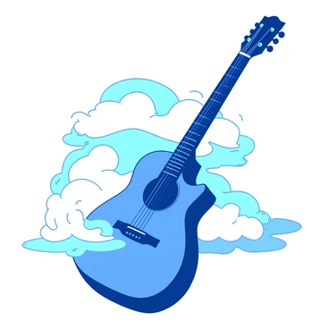 A blue guitar is floating among soft, fluffy white clouds. The guitar is angled slightly, showcasing its glossy finish and intricate details. Surrounding the guitar, there is a gentle illumination that creates an ethereal glow, highlighting the curves and features of the instrument. The clouds appear to be billowing, creating a dreamy atmosphere around the floating guitar.