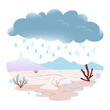 Dark, stormy clouds fill the sky, heavy with moisture and ready to release rain. The landscape below is parched, with cracked earth stretching across the ground. Sparse vegetation struggles for survival, with a few dry bushes scattered throughout. A distant silhouette of a mountain range looms under the ominous sky, adding a sense of depth to the scene. The atmosphere is charged with anticipation, as the first drops of rain begin to fall.