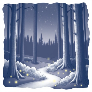 A dense forest filled with tall trees, their trunks covered in textured bark. The ground is blanketed with soft, lush undergrowth and fallen leaves. Above, a starlit sky is visible through the gaps in the tree canopy, showcasing scattered stars. Glowing fireflies illuminate the area, their soft light creating a magical atmosphere among the trees. In the foreground, a winding path leads deeper into the woods, inviting exploration. The overall scene captures the tranquility of a night in the forest.