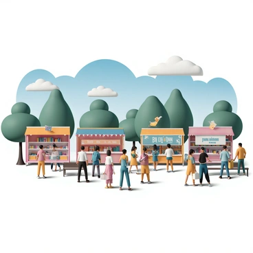 A vibrant outdoor book festival with various stalls displaying colorful banners and books. Each stall is manned by enthusiastic authors, who are engaged in signing books for eager fans. People of all ages are browsing through the stalls, holding books in their hands and chatting animatedly. Some attendees are sitting on benches, reading, while others walk around, carrying tote bags filled with newly purchased books. The scene is lively with a clear blue sky overhead and trees lining the area, providing a pleasant environment for the festival.