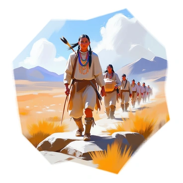 A young Native American scout with dark hair tied back is leading a group through a rugged landscape during the forced migration. He is wearing traditional clothing, including a fringed shirt and leather leggings, adorned with intricate beadwork. His expression is focused and determined as he navigates the terrain. Behind him, several members of his community follow, carrying bundles and looking to him for guidance. The setting features a vast, open sky with a few clouds, and the ground is a mix of grass and rocky patches. In the distance, mountains rise sharply against the skyline, and the atmosphere conveys a sense of resilience amidst the struggle.
