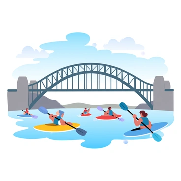 A group of kayakers is paddling in the water near the base of the "Sydney Harbour Bridge". There are several brightly colored kayaks, including yellow, red, and blue, with individuals wearing life jackets. The sky is clear with a few soft, white clouds scattered above. The bridge towers majestically in the background, with its steel structure prominent against the vibrant blue sky. The water reflects the colors of the kayaks and the bridge, creating a harmonious scene of outdoor activity.