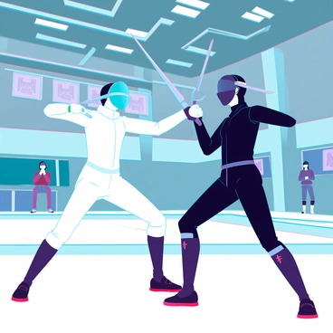 Two fencers in a duel are engaged in a tense standoff within a sleek gymnasium. One fencer, wearing a white uniform and a protective mask, lunges forward with a foil sword, their posture showcasing athleticism and focus. The second fencer, clad in a black uniform, responds with a swift parry, their blade colliding with the first fencer's sword in a dramatic clash. The gymnasium features bright overhead lights illuminating the polished wooden floor and high walls adorned with banners of fencing clubs. A few spectators can be seen in the background, their eyes fixed on the intense match. The air is charged with energy as both fencers prepare for the next move in their duel.
