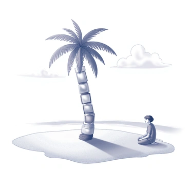 A deserted island with sandy shores and gentle waves lapping at the edges. In the center of the island stands a single palm tree, its trunk made of various smartphones stacked together. The palm fronds are crafted from the screens of the devices, giving them a unique, modern appearance. Next to the palm tree, a person sits on the sand, appearing weary. They are wearing tattered clothing, and their expression reflects a sense of longing or desperation as they look up at the unusual tree. The background features a clear sky with distant clouds, emphasizing the isolation of the scene.