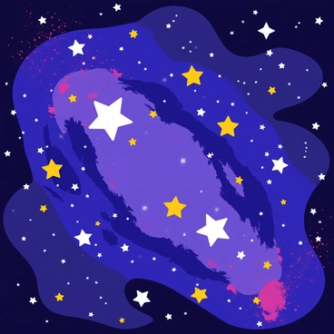 A galaxy filled with vibrant colors and swirling patterns of stars. The scene showcases a deep blue and purple background, interspersed with bright white and yellow stars scattered throughout. Swirling clouds of pink and orange nebulae create a sense of motion and depth. Some stars are larger and more luminous, glowing intensely against the darker space. The overall composition has a sense of wonder and mystery, emphasizing the vastness of the cosmos.