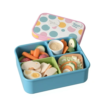 A colorful school lunchbox, featuring bright blue and green compartments, is filled with a variety of gluten-free snacks and meals. In one section, there are mini rice cakes topped with almond butter and banana slices. Another compartment holds carrot and cucumber sticks arranged neatly alongside a small container of hummus. There is a section with a gluten-free sandwich made with whole grain bread, turkey, lettuce, and mustard. A few pieces of fruit, including apple slices and strawberries, are scattered throughout. The lunchbox is closed with a colorful, patterned lid, and a small note that reads "Enjoy your lunch!" is tucked inside.