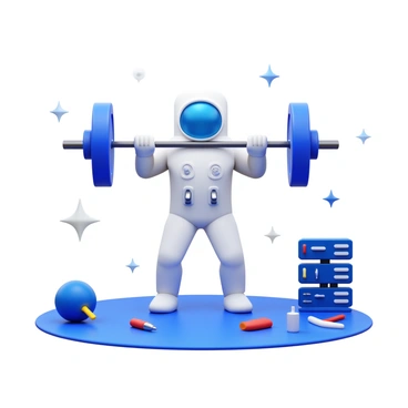 An astronaut in a white space suit is performing a deadlift with a barbell in zero gravity. The astronaut's muscles are visibly engaged as they lift the weight, with the barbell floating above them. Various tools and equipment are scattered around to show the space environment, and in the background, stars and galaxies are visible, giving a sense of outer space.