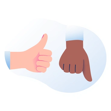 A close-up illustration of two hands positioned in the center of the image. On the left, a hand with light skin is displaying a "thumbs up" gesture, fingers curled and the thumb extended upwards. On the right, a hand with medium skin is showing a "thumbs down" gesture, fingers also curled and the thumb extended downwards. The hands are set against a soft, gradient background that transitions from light blue at the top to soft white at the bottom, enhancing the contrast of the hand gestures.