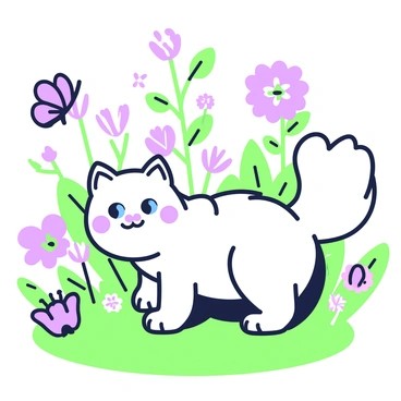 A playful ragdoll cat with blue eyes is exploring a garden. The cat is standing on a patch of grass, its fluffy white fur illuminated by the sunlight. Around the cat, there are various flowers in different shapes and sizes, some with large petals and others with delicate blooms. Butterflies are fluttering around the flowers, displaying a mix of wing patterns and colors. In the background, there are leafy green plants adding depth to the scene. The cat appears curious as it gazes at a butterfly hovering nearby.