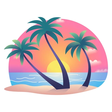 A tropical island is silhouetted against a vibrant sunset sky filled with shades of orange, pink, and purple. In the foreground, several palm trees are positioned, their trunks tall and slender. The leaves of the palm trees have a soft glow, creating gentle auras around them. The sandy beach stretches along the shore, and a few small waves can be seen lapping at the edge of the water. The horizon shows the sun dipping below, casting shimmering reflections across the surface of the ocean.