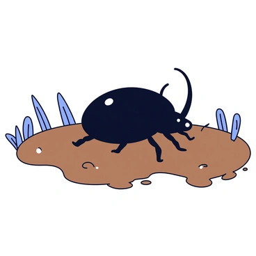 A Hercules beetle with a shiny black exoskeleton is navigating through soft, wet mud. The beetle has prominent curved horns and a robust body, showcasing its distinctive features. The mud is oozing and has a few water droplets glistening on the surface. In the background, there are scattered clumps of grass, slightly bent from the recent rain, adding texture to the scene.