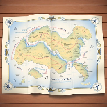 An ancient map is spread out on a wooden table, featuring a detailed illustration of historical locations of major fault lines. The map is adorned with intricate drawings of mountains and valleys, with faded ink lines representing the fault lines in various colors. Small labels in an aged font indicate significant geological features and regions affected by seismic activity. There are compass roses and decorative borders framing the map, enhancing its historical appearance. In the corners, there are sketches of ancient tools used for navigation and exploration. The overall texture of the map gives it an aged look, with creases and slight discoloration, suggesting it has been preserved over time.