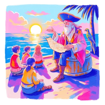 A wise old pirate with a weathered face and a long gray beard sits on a large wooden barrel. He is wearing a tattered tricorn hat and a long coat adorned with various patches. Around him, captivated young pirates with various hairstyles and colorful clothing are seated on the ground, listening intently. The backdrop features a setting sun casting golden light across the waves, while the old pirate gestures dramatically with one hand, holding a weathered map in the other. Nearby, a small parrot perches on his shoulder, adding to the lively scene.