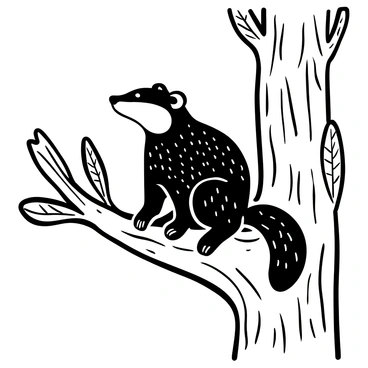 A pine marten sitting on a tree branch, with its body slightly angled to one side. The pine marten's fur is depicted in a detailed textured pattern, showcasing the variation in shades of black and white. It has its head turned, giving the impression of an inquisitive stance, as if observing something interesting below. Surrounding the branch are textured leaves, and the bark of the tree is illustrated with intricate details, adding depth to the scene.