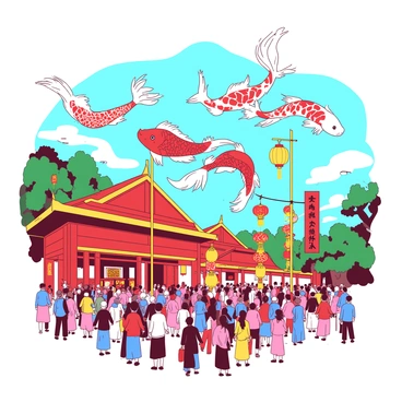 A colorful display of carp-shaped streamers is fluttering in the wind, suspended from vibrant yellow poles. The streamers are adorned with intricate designs and are swaying gently against a clear blue sky. Below the streamers, crowds of people are gathered, dressed in traditional attire, enjoying the festive atmosphere. Colorful decorations and lanterns are hanging from nearby trees, enhancing the celebratory mood of the festival.
