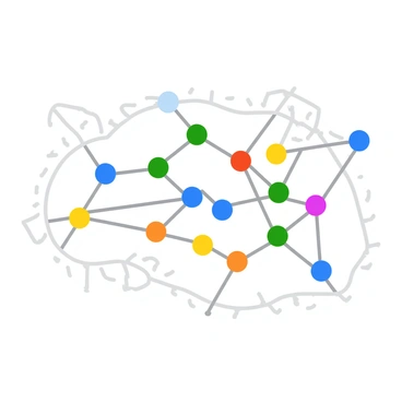 A detailed map featuring a collection of "connecting dots" in various colors, each representing a "freelance artist." The dots are linked by "lines" that form a network pattern across the map. Each dot has a unique color and size to signify different artists, while the lines vary in thickness, indicating the strength of connections among them. The background of the map includes a simple grid layout, enhancing the visual clarity of the network.