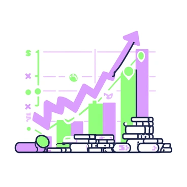 A graph is displayed prominently, illustrating upward growth with a series of lines creating an ascending trajectory. At the base of the graph, there are a stack of coins, arranged in neat piles of varying heights. The graph includes labeled axes and markers indicating specific data points. The background is minimal, allowing the focus to remain on the graph and the coins.