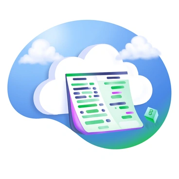 A cloud symbol in white, floating in a blue sky. The cloud is filled with various digital ledger entries, represented by rows of text in black and green, depicting information like transaction ID, date, and amount. Surrounding the cloud are a few fluffy white clouds, enhancing the sense of depth in the sky. Bright sunlight shines down, casting soft shadows on the cloud symbol.