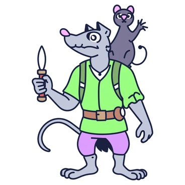 A skaven with gray fur and sharp features is standing upright, wearing tattered clothing and a belt. His beady eyes shine with curiosity as he tilts his head slightly. Perched confidently on his right shoulder is a small pet rat, its fur dark with a hint of sheen. The rat looks inquisitive, its tiny nose twitching and its whiskers outstretched. The skaven’s long, thin tail curls around his ankles, while he holds a small, gleaming dagger in his left hand, emphasizing his cunning nature. The background is minimal, allowing the focus to remain on the skaven and his pet.