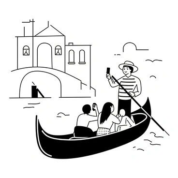A gondola operator is standing at the back of a sleek gondola, skillfully rowing through a narrow canal in Venice. He is wearing a traditional striped shirt and a straw hat, with a focused expression on his face. In the boat, a group of tourists is seated, enjoying the view of the historic buildings lining the canal. One tourist is taking photos with a camera, while another is pointing excitedly at a nearby bridge. The water is gently rippling around the gondola, reflecting the details of the scenery above.