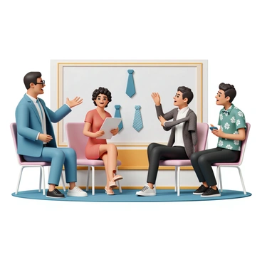 A group of four cartoon experts is seated around a modern TV set on a vibrant, colorful set. The first expert, a tall man with glasses and a blue suit, gestures animatedly while discussing the "latest tie trends." Next to him is a woman with curly hair wearing a red dress, nodding in agreement and holding a clipboard. On the opposite side, a man with a bow tie and a plaid blazer leans forward, engaged in the conversation, while a lively expert in a green shirt with cartoon character prints laughs at a joke. The background features a large screen displaying various tie styles and patterns, adding to the lively discussion.