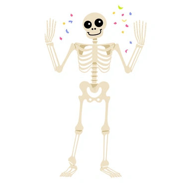 A cute skeleton with a bright white bone structure is flexing imaginary muscles in a playful pose. The skeleton has oversized cartoonish eyes that sparkle with mischief. It is standing on one leg, with the other leg bent at the knee, giving it a lively stance. Its bony arms are raised in a triumphant flex, showcasing its imaginary strength. A big, cheerful smile is painted across its skull, adding to its playful demeanor. Colorful confetti is falling around the skeleton, enhancing the festive atmosphere of the scene.