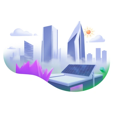 A scene featuring futuristic skyscrapers with sleek, reflective surfaces embedded in a dense layer of gray pollution clouds. The buildings are tall and imposing, showcasing innovative architectural designs with angular shapes and varied heights. Interspersed among the structures are solar panels mounted on roofs, angled towards the faint light filtering through the clouds, attempting to harness available sunlight. The atmosphere is thick with smog, casting a muted tone over the cityscape, while hints of sunlight struggle to penetrate the haze.