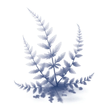 A fern plant with delicate, finely divided leaves is positioned in a bright environment. The leaves are visibly textured, exhibiting a lush appearance. Sunlight streams down, illuminating the fern, and the light creates intricate patterns of shadows cast upon the ground. The shadows reveal the unique shapes and details of the leaves, enhancing the depth of the scene. The ground beneath the fern is textured, providing a contrasting backdrop for the shadows and highlighting the beauty of the plant.