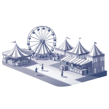 A vintage fairground scene filled with various attractions. In the center stands a large Ferris wheel with ornate details on its structure. Surrounding it are several colorful tents, each featuring distinct patterns and shapes. Stalls with striped awnings line the paths, displaying various carnival games and food stands. People are gathered, enjoying the lively atmosphere, with children pointing excitedly at the attractions. The ground is covered with a mix of grass and gravel, leading visitors through the fair.