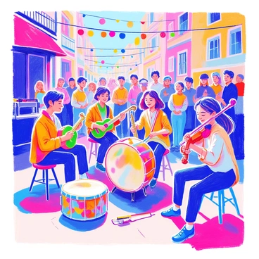 A lively street performance features a group of musicians playing unique instruments. One musician is strumming a bright green ukulele, while another blows into a shiny silver saxophone. A drummer is energetically tapping on a large hand drum decorated with colorful patterns. Nearby, a violinist with a purple bow plays passionately, her hair flowing in the breeze. The background includes an audience of smiling people, some clapping along to the rhythm. Colorful banners and string lights are hanging above, adding to the festive atmosphere of the scene.