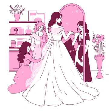 Bridesmaids are assisting the bride as she puts on her elegant wedding dress in a beautifully decorated room. The bride is standing in front of a large mirror, her features glowing with anticipation. Each bridesmaid is wearing a matching dress, helping with the intricate details of the bride's gown. Delicate floral arrangements adorn the shelves and soft lighting fills the room, creating a warm atmosphere. A lace veil is draped over the bride's shoulders, adding to her grace, while one of the bridesmaids adjusts the train of the dress carefully on the floor. The scene radiates joy and excitement.